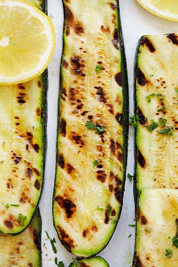 Grilled zucchini with skin on, with lemon butter and herb.