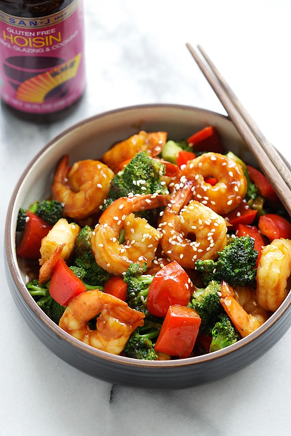 Delicious and easy shrimp stir-fry with San-J Hoisin Sauce and healthy broccoli in a bowl.