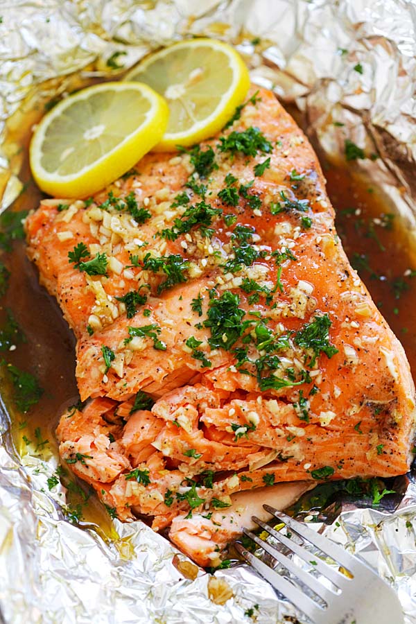 Easy homemade roasted salmon recipe with soy sauce and honey butter.