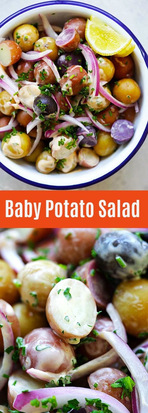 Baby Potatoes Salad - Easy potato salad with tiny and colorful peewee baby potatoes. Delicious side dish that you can make in 20 minutes | rasamalaysia.com
