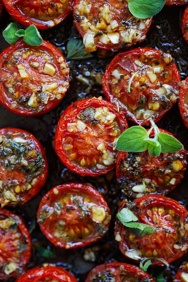 Roasted tomatoes with garlic, olive oil, Italian seasoning and oregano.