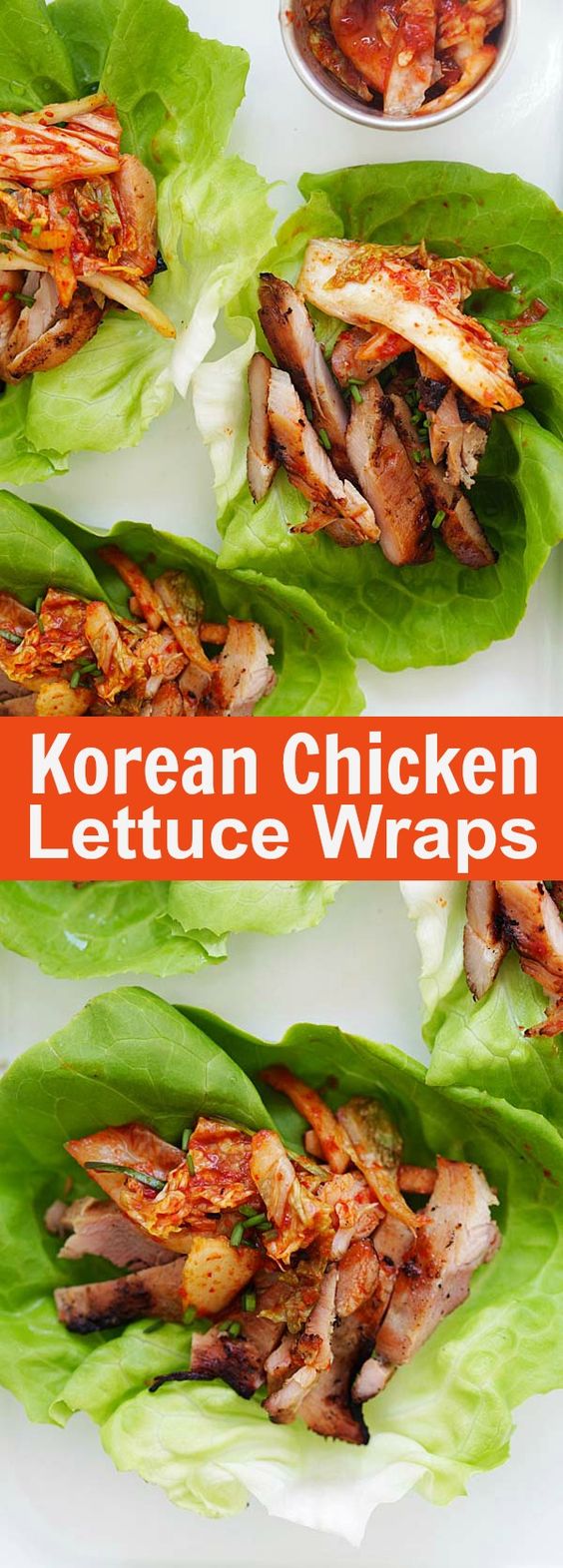 Korean BBQ Chicken Kimchi Lettuce Wraps - refreshing lettuce wraps with spicy Korean grilled chicken and kimchi. So delicious you'll want more | rasamalaysia.com