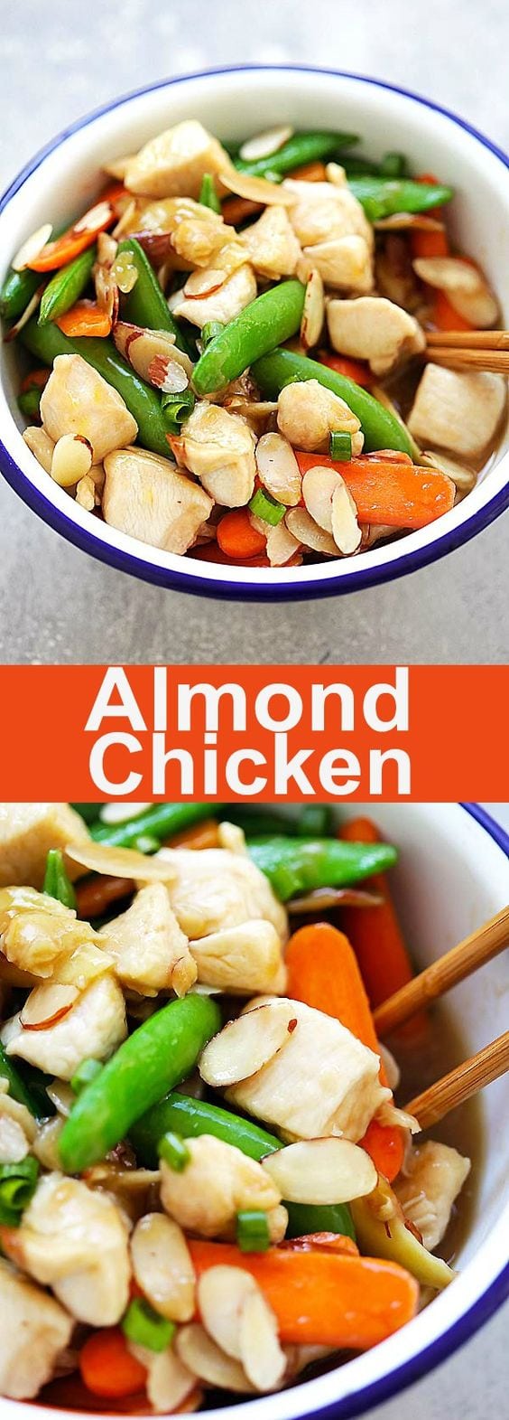 Almond Chicken - tender and juicy chicken stir-fry with almonds, peas and carrots in Chinese brown sauce. So good and much better than takeout | rasamalaysia.com