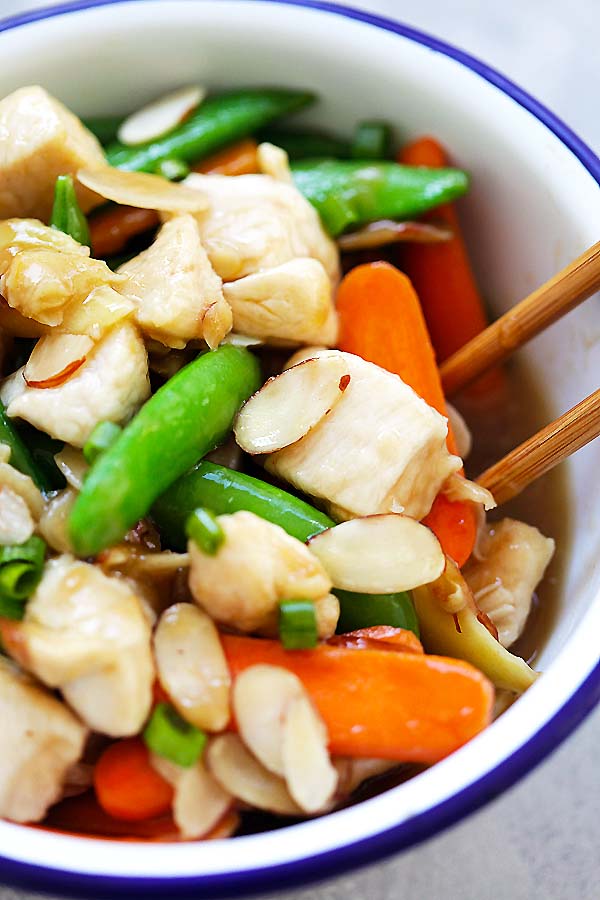 Almond Chicken Asian stir fry in Chinese brown sauce, ready to serve.