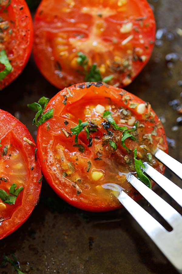 Easy and quick herb roasted tomatoes closed up.