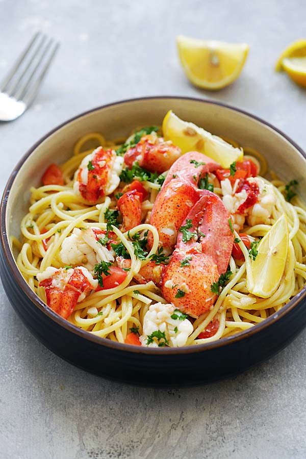 Lobster pasta served in a plate.