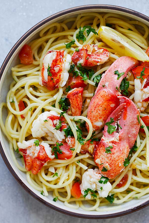 Lobster tail pasta with spaghetti and lobster pasta sauce.