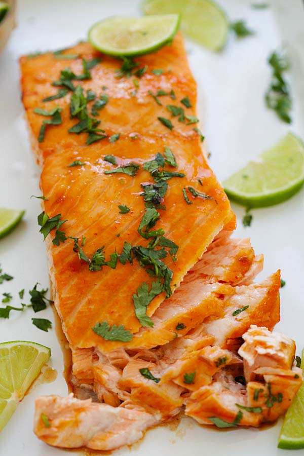 Flaky cilantro lime salmon, topped with chopped parsley.