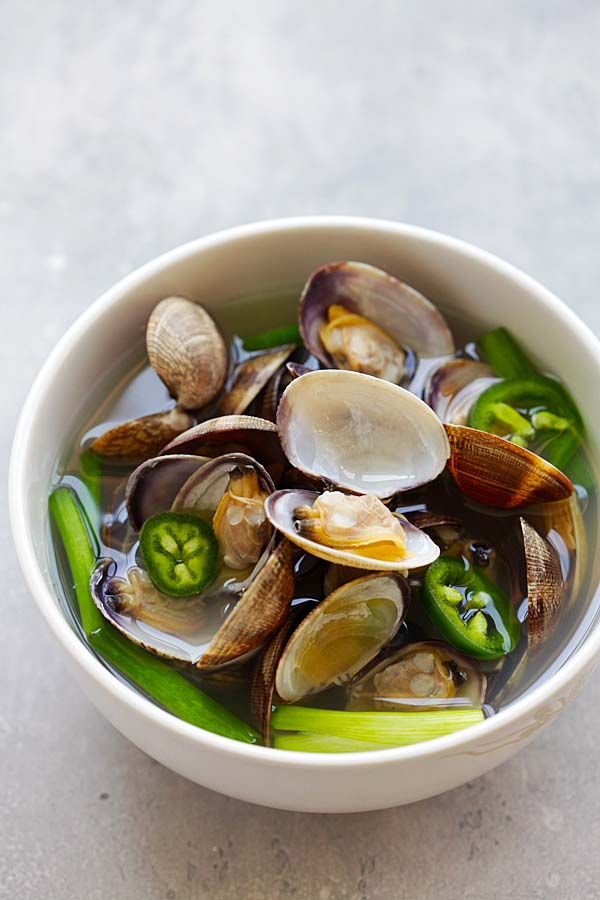 Savory and briny clam soup with jalapeno and garlic.