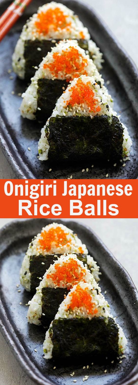 Onigiri - Easy and delicious Japanese rice balls shaped in triangles and wrapped with seaweeds. Topped with fish roes. So good | rasamalaysia.com