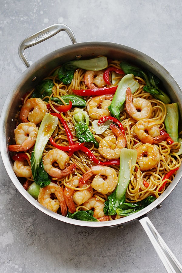 Stir fry Chinese noodles with shrimp and Asian greens.