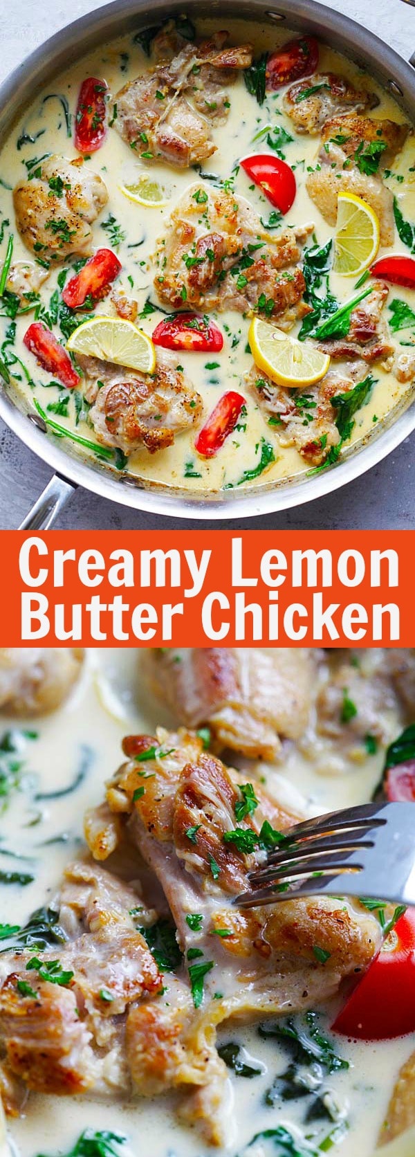 Lemon Butter Chicken - juicy and moist pan-fried chicken in a super creamy, lemony and cheesy white sauce, with spinach and tomatoes | rasamalaysia.com