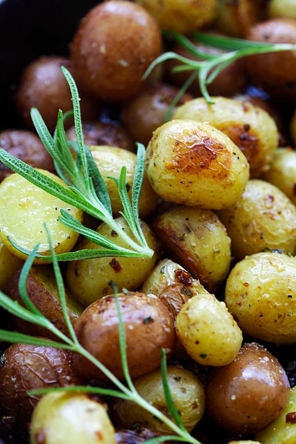 Rosemary roasted baby potatoes close up.