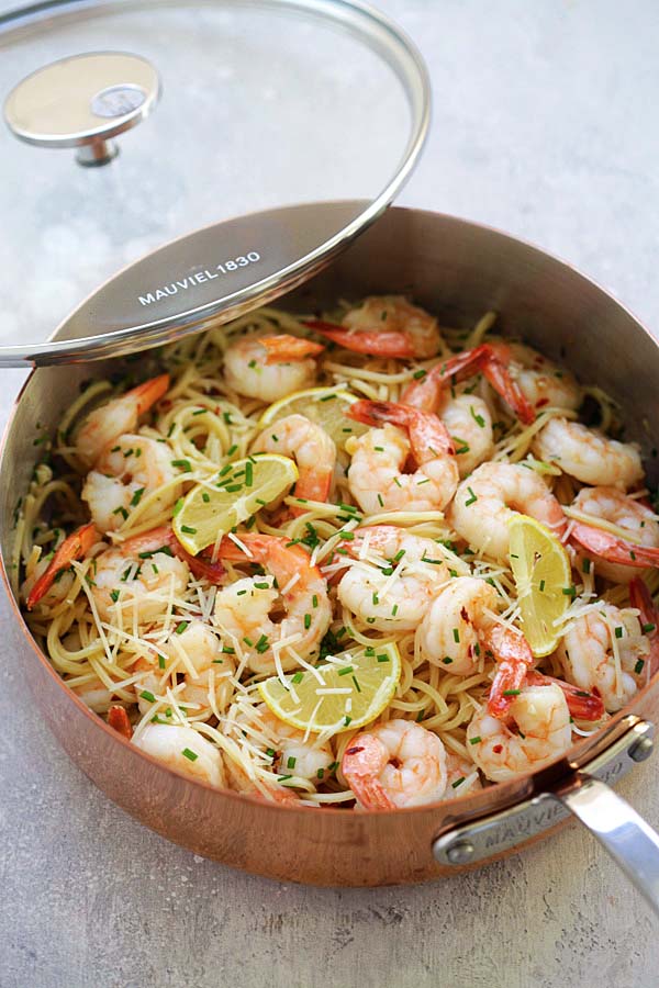 Quick and easy delicious pasta loaded with garlic chive butter shrimp.