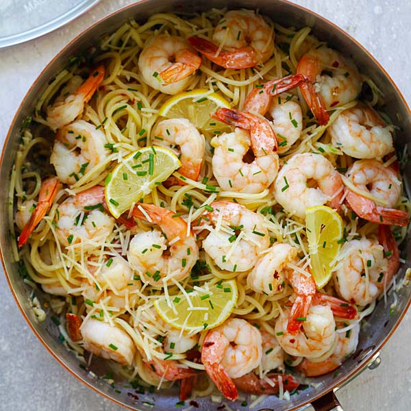 Garlic Chive Butter Shrimp Pasta