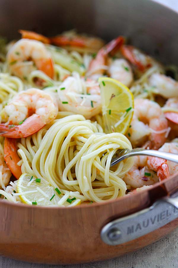 Sauteed Garlic Chive Butter Shrimp spaghetti Pasta with rich garlic chive butter sauce.