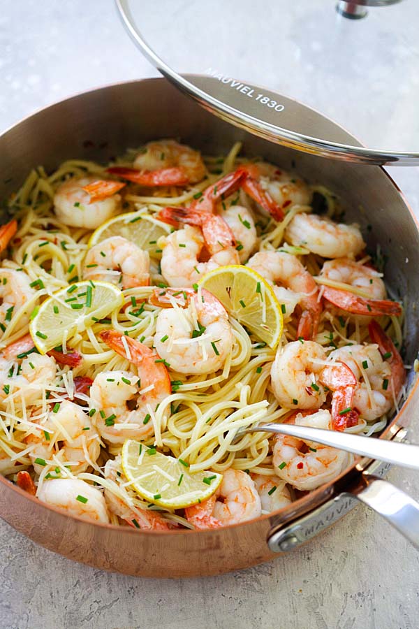 Easy healthy Garlic Chive Butter Shrimp Pasta in a pot.