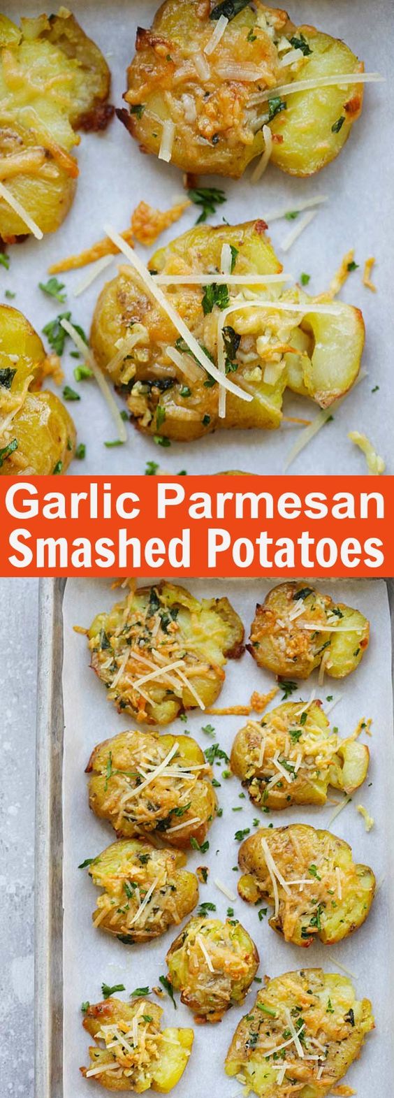 Garlic Parmesan Smashed Potatoes - the best potatoes recipe ever with nicely smashed potatoes loaded with butter, garlic and Parmesan cheese. So good | rasamalaysia.com