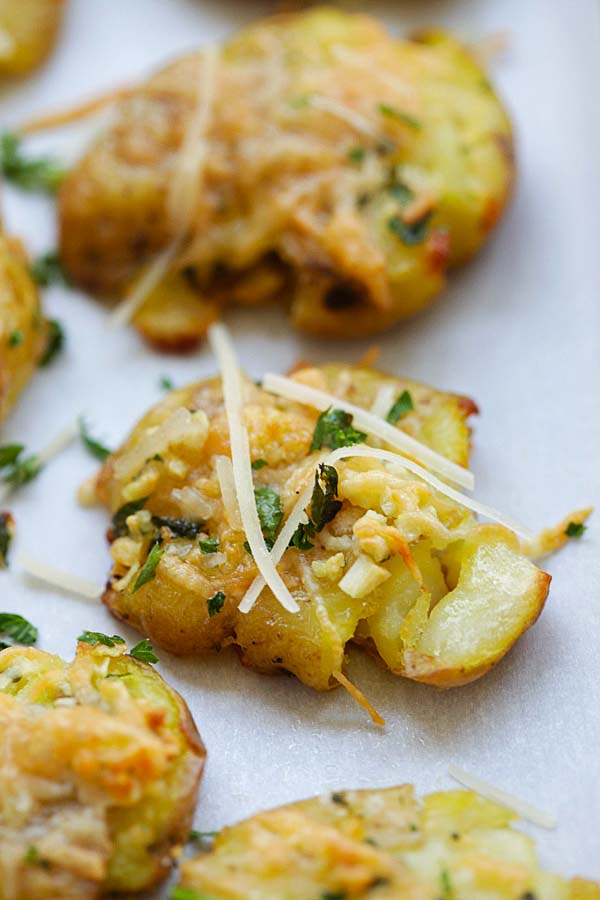 Healthy homemade Garlic Parmesan Smashed Potatoes, ready to serve.