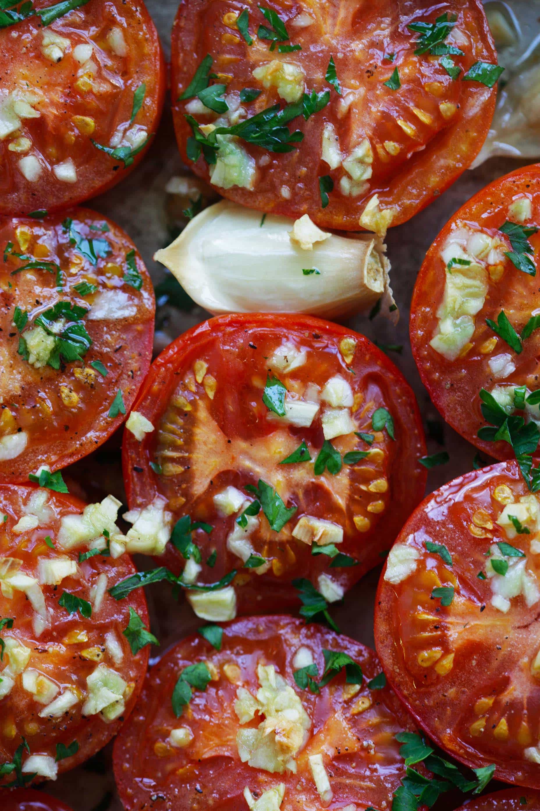 Close up Garlic Roasted Tomatoes, ready to serve.