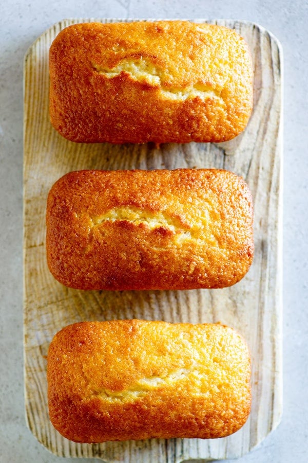 Top down view of lemon pound cake with sugar glaze.