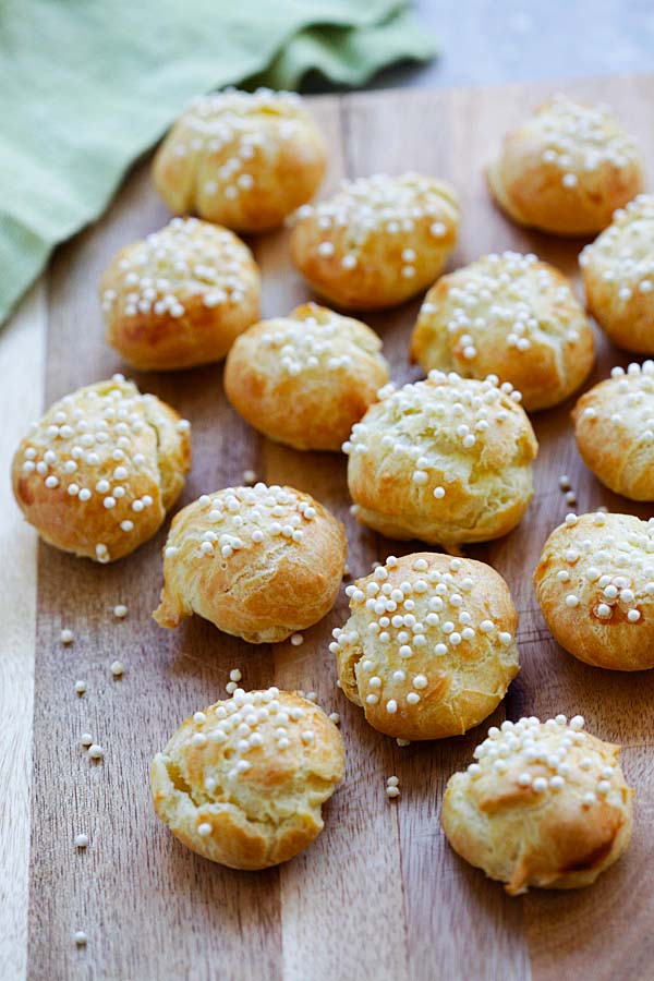 Easy and quick French chouquettes cream puff coated with sugar.