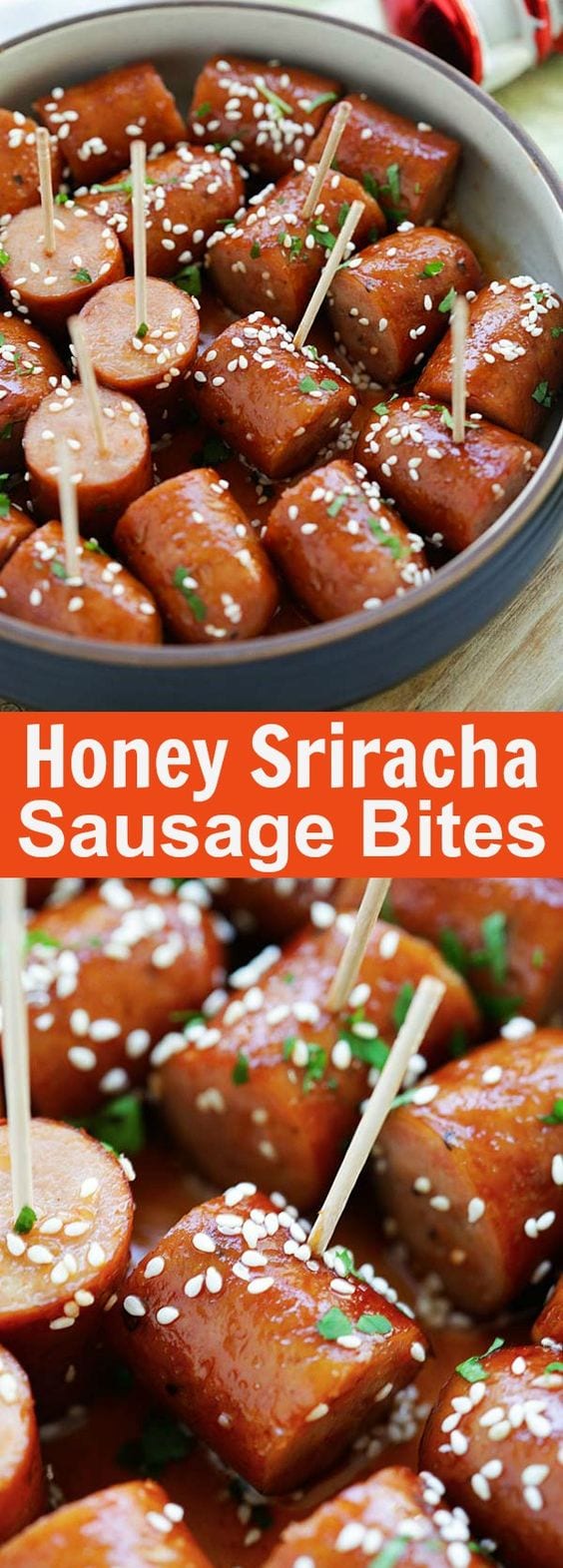 Honey Sriracha Sausage Bites - sticky, sweet and spicy sausage bites with honey sriracha sauce. An easy delicious appetizer that is a crowd pleaser | rasamalaysia.com