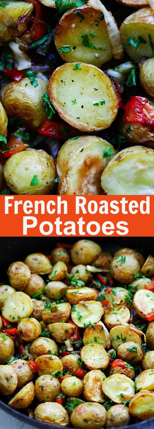 French Roasted Potatoes - easy recipe with baby potatoes, onion and bell peppers. This French-style roasted potatoes is delicious and a perfect side dish | rasamalaysia.com