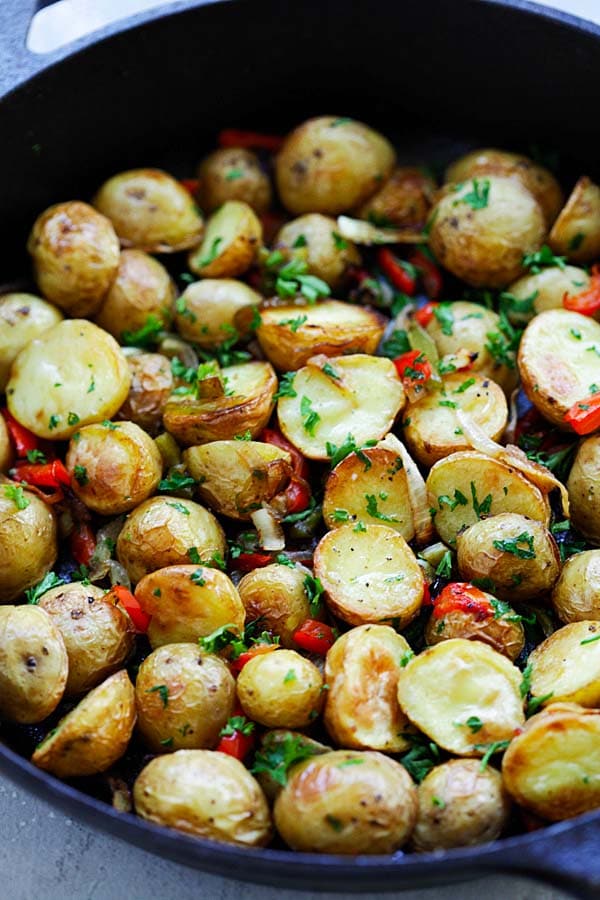 French Roasted Potatoes with baby potatoes, onion and bell peppers.