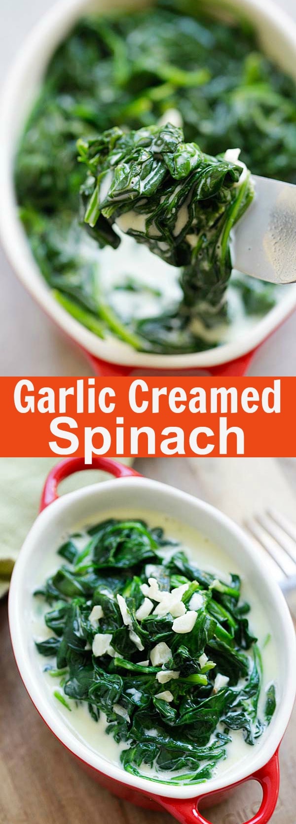 Garlic Creamed Spinach - Creamy garlicky spinach that you can make in 15 mins and takes only 5 ingredients. A healthy and delicious side dish | rasamalaysia.com