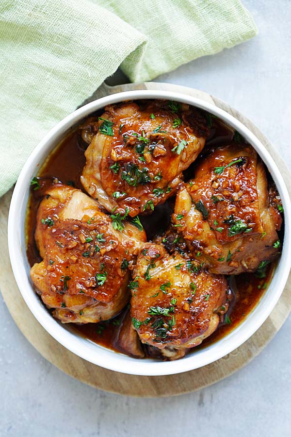 Instant pot browned chicken thighs coated in honey garlic sauce. 