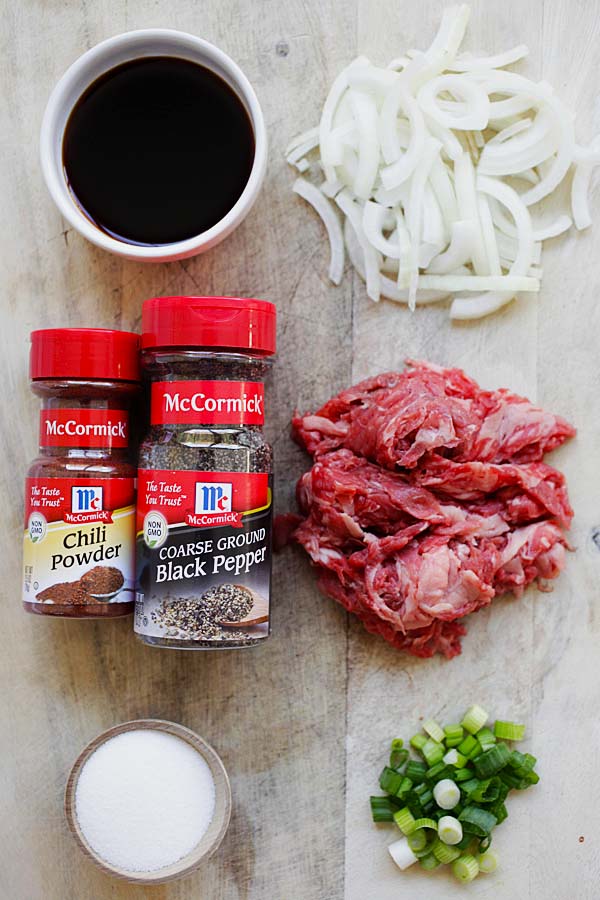 Bulgogi ingredients: sliced sirloin beef, onion, soy sauce, sugar, scallion, chili powder and ground black pepper.
