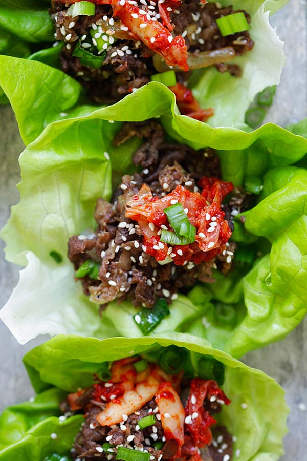 Beef Bulgogi wrapped with fresh lettuce leaves.