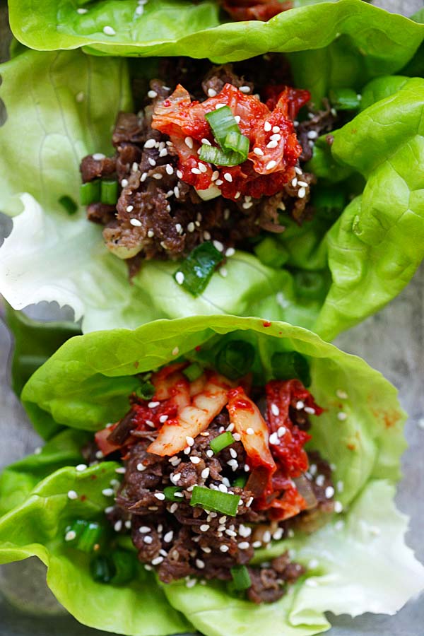 Easy and delicious beef bulgogi wraps with lettuce leaves.