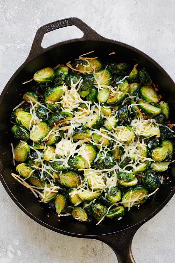 Roasted brussels sprouts with garlic and Parmesan cheese.