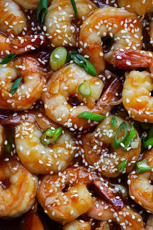 Top down view of Asian sweet and sour shrimps.