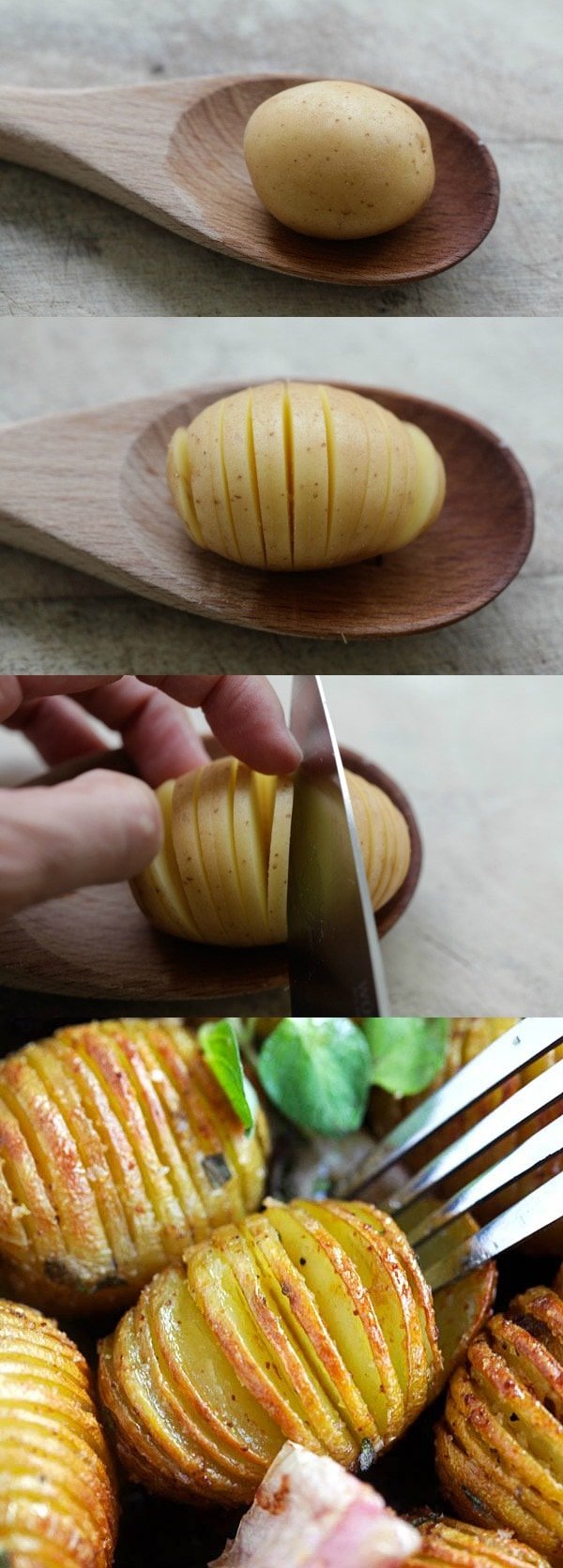 How to Slice Hasselback Potatoes - learn the step-by-step picture guide on how to cut potatoes into hasselback potatoes with a secret kitchen tool and a sharp knife | rasamalaysia.com