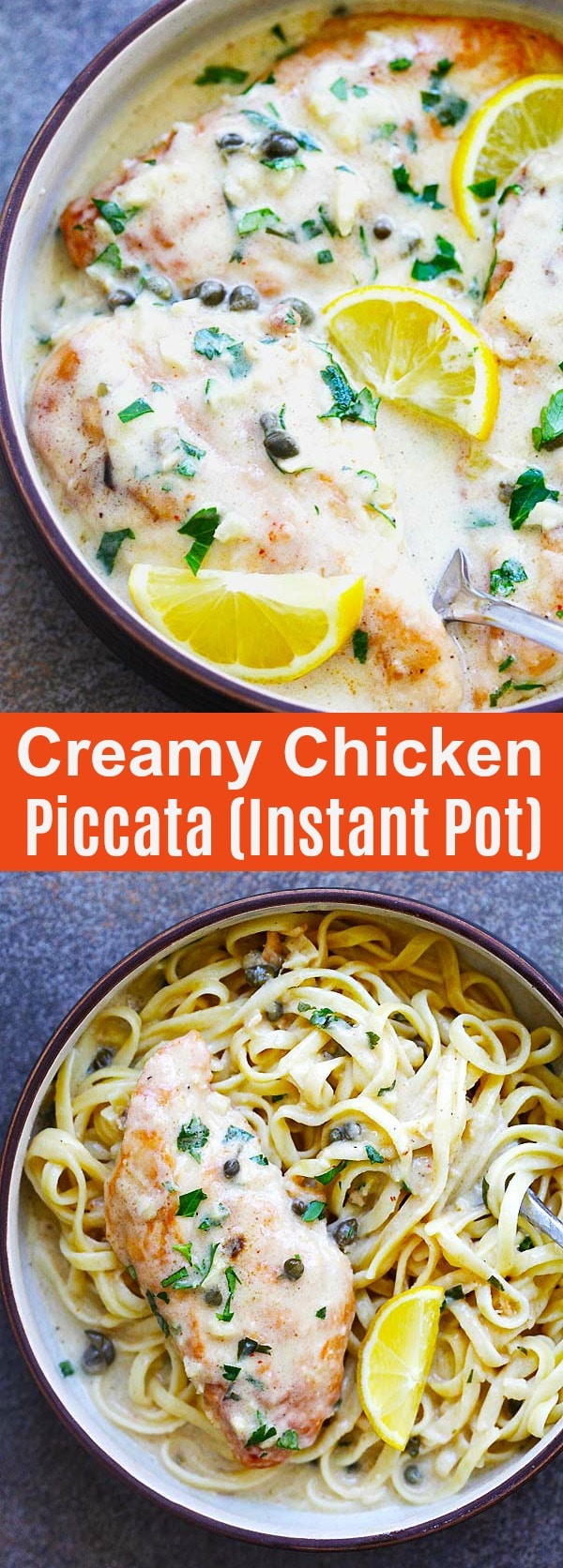 Instant Pot Creamy Chicken Piccata - chicken breast cutlets pressure cooked with a rich lemon Piccata sauce. Serve the chicken piccata with pasta for an easy dinner that takes only 20 minutes | rasamalaysia.com