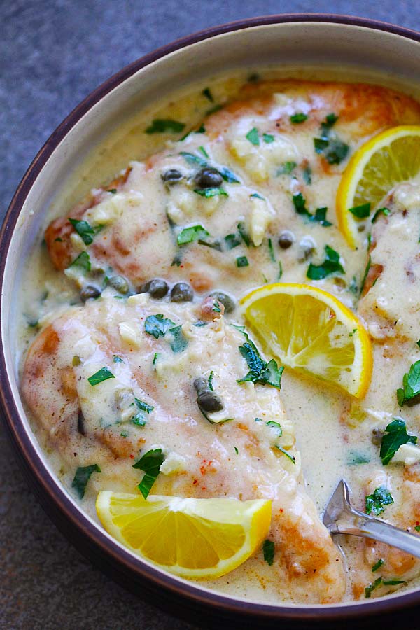 Italian-style chicken breast cutlets with a rich, cheesy and creamy lemon Piccata sauce.
