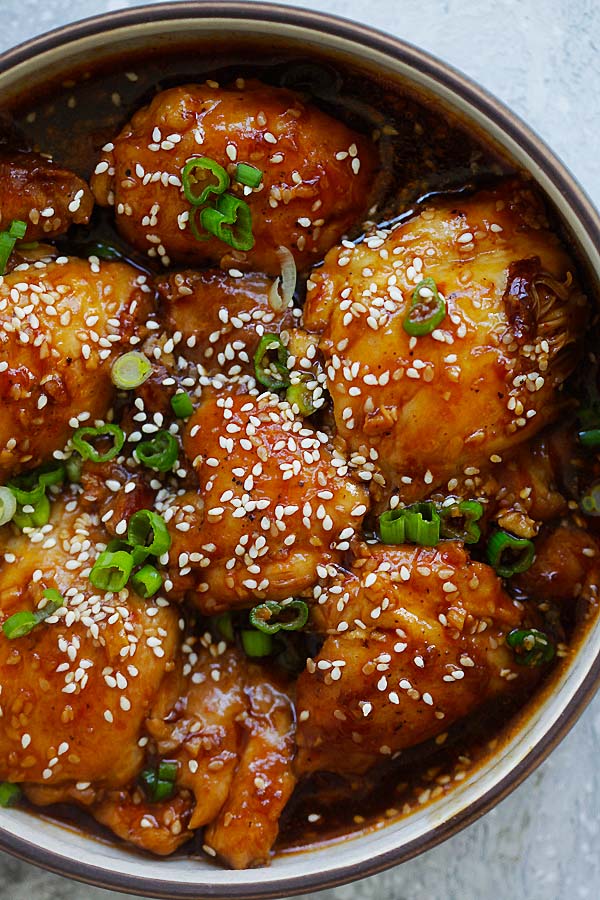 Instant pot chicken thighs in a sweet and savory honey sesame sauce.