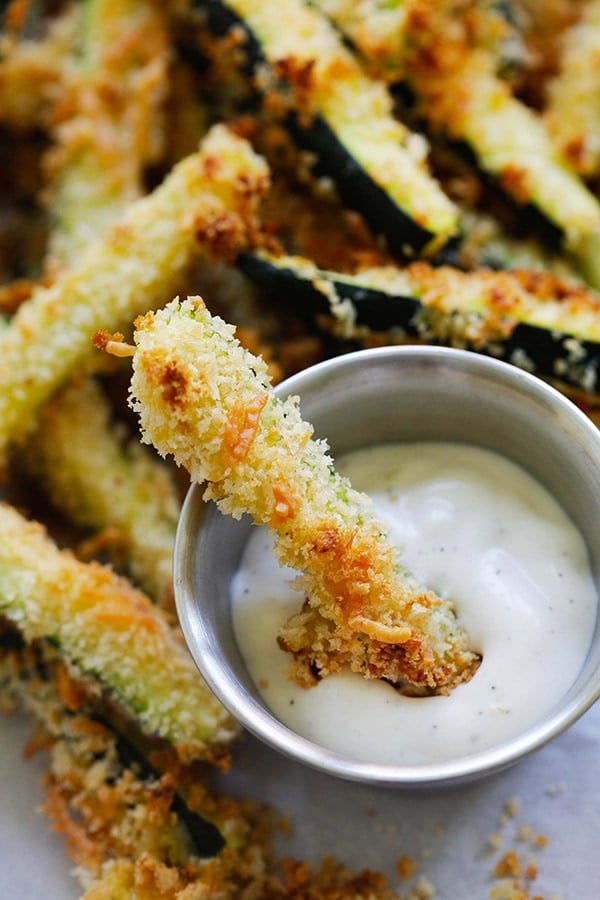Paleo zucchini fries panko in ranch dressing, ready to serve.