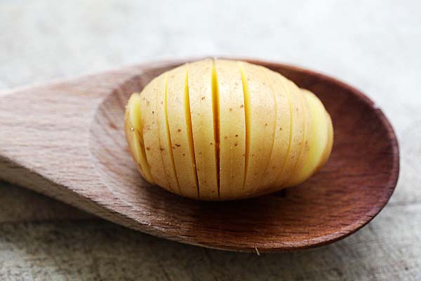 Perfectly sliced and cut hasselback potato