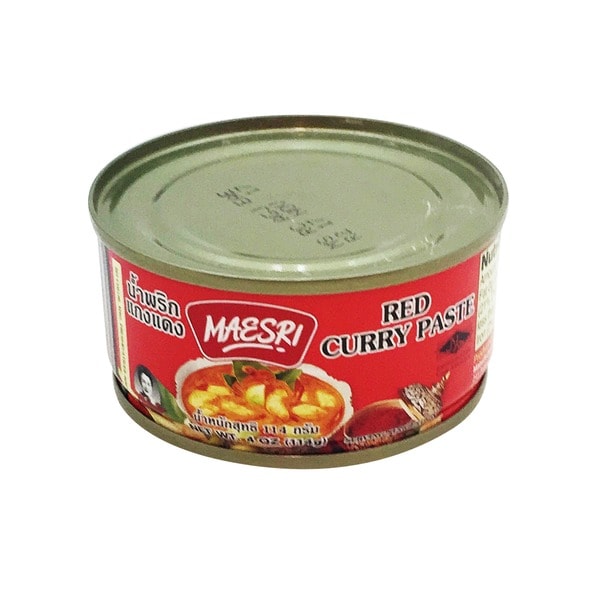 Red curry paste in a can, used for homemade Thai red curry.