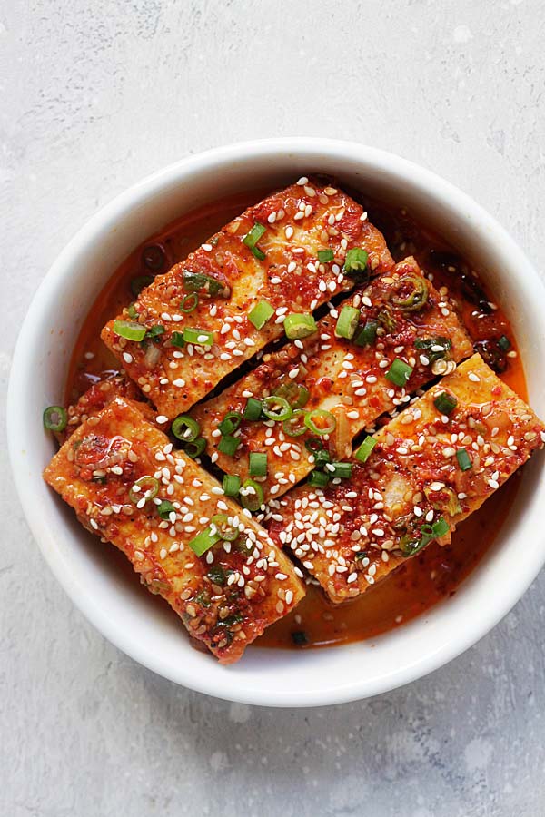 Spicy Korean braised tofu with chili powder, garlic, soy sauce, sugar and sesame oil.