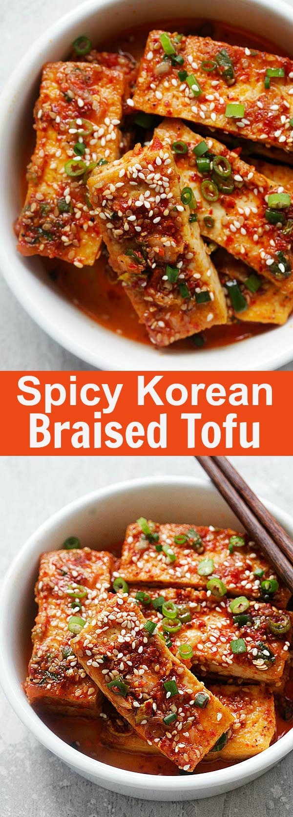 Spicy Korean Tofu - quick and easy Korean braised tofu with chili powder, garlic, soy sauce, sugar and sesame oil. This Korean side dish (banchan) is healthy and delicious | rasamalaysia.com