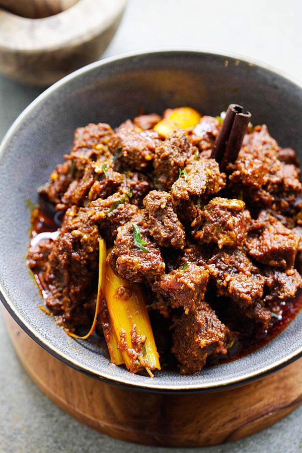 Malaysian rendang beef on a serving bowl. 