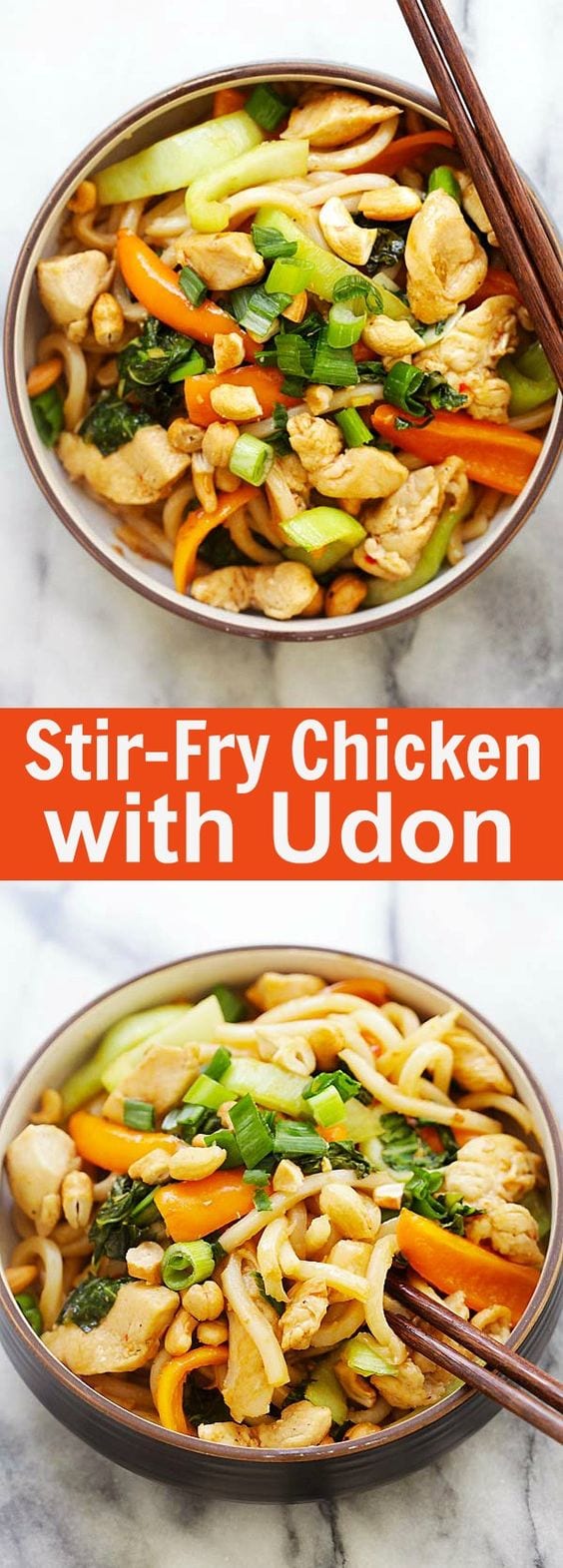 Blue Apron Stir-Fry Chicken with Udon - delightful and chewy udon noodles blend seamlessly with tender chicken and sauteed peppers and bok choy. It's all complete with garnishes of scallions and crunchy cashews | rasamalaysia.com