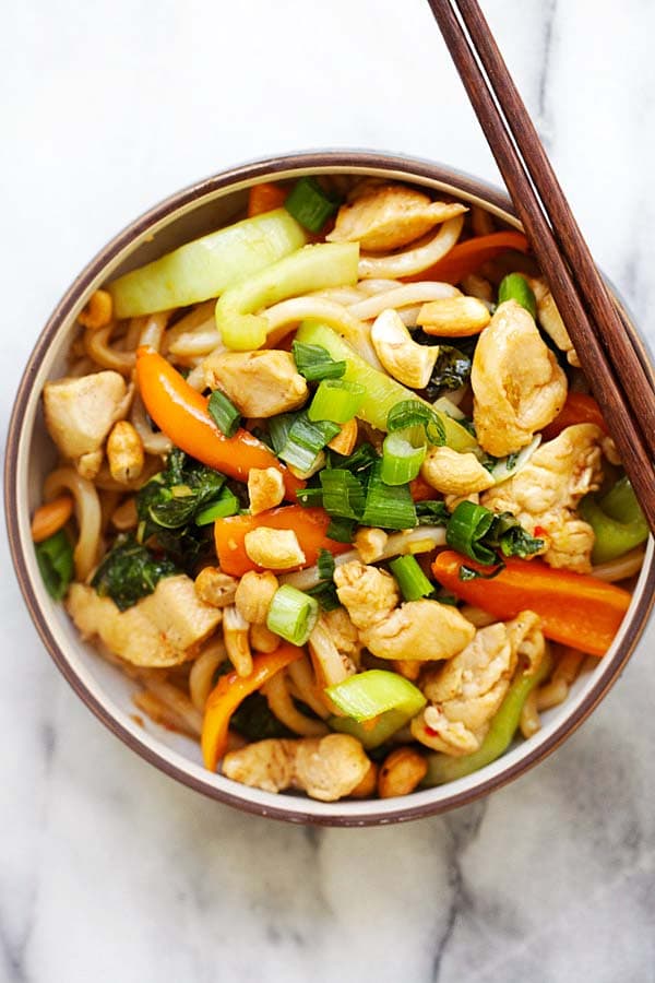 Top down view of Blue Apron Stir-Fry Chicken with Udon.