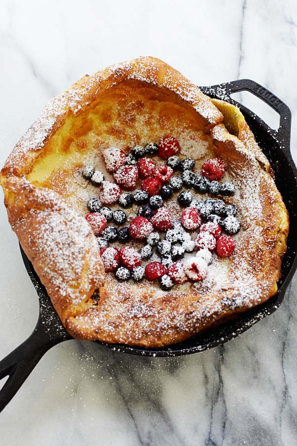 Dutch baby in a cast-iron skillet