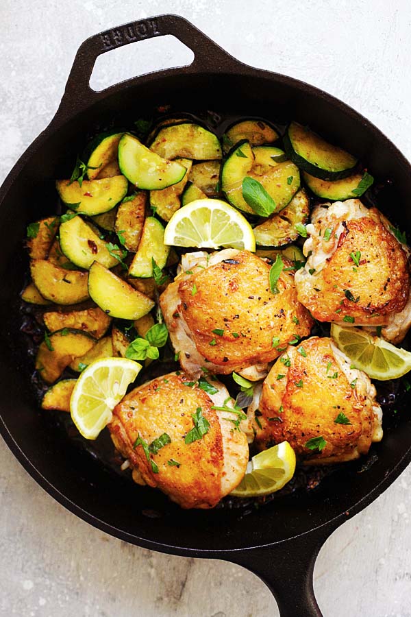 Quick and easy one-pot Garlic Herb Chicken and Zucchini in a skillet.